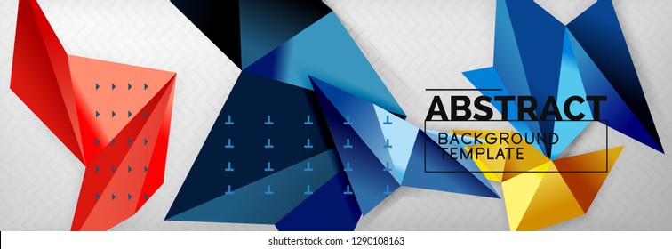 Abstract background, flying color geometric triangles composition on grey. Vector techno design wallpaper