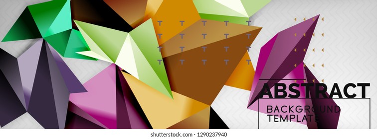 Abstract background, flying color geometric triangles composition on grey. Vector techno design wallpaper