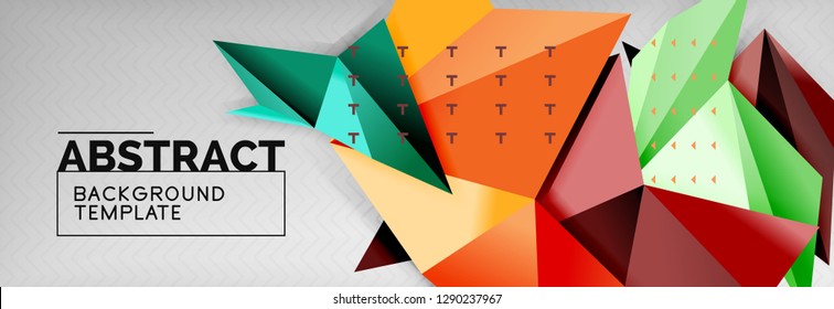 Abstract background, flying color geometric triangles composition on grey. Vector techno design wallpaper