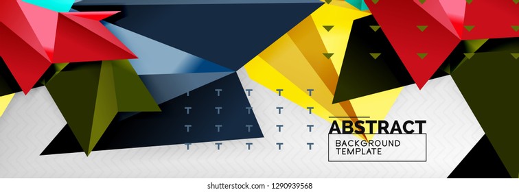 Fondo abstracto, composición de triángulos geométricos de color volante sobre gris. Papel de pantalla de diseño de tecnología vectorial