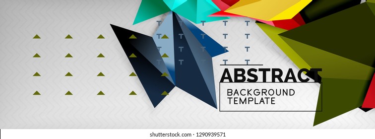 Abstract background, flying color geometric triangles composition on grey. Vector techno design wallpaper