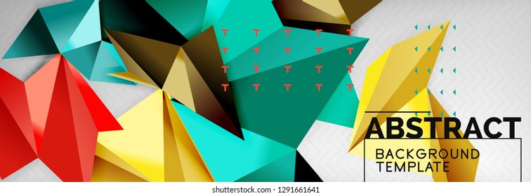 Fondo abstracto, composición de triángulos geométricos de color volante sobre gris. Papel de pantalla de diseño de tecnología vectorial