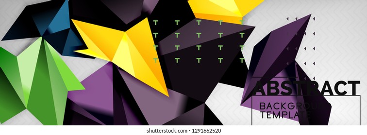 Abstract background, flying color geometric triangles composition on grey. Vector techno design wallpaper