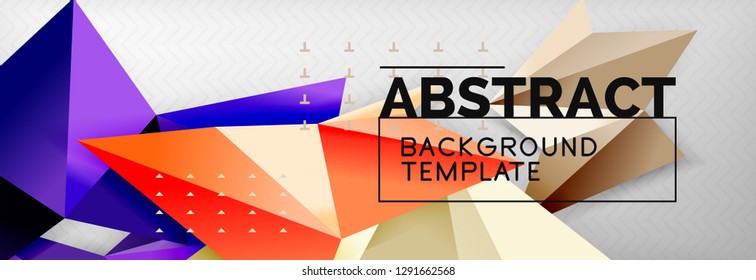 Abstract background, flying color geometric triangles composition on grey. Vector techno design wallpaper