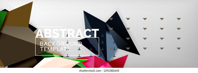 Fondo abstracto, composición de triángulos geométricos de color volante sobre gris. Papel de pantalla de diseño de tecnología vectorial
