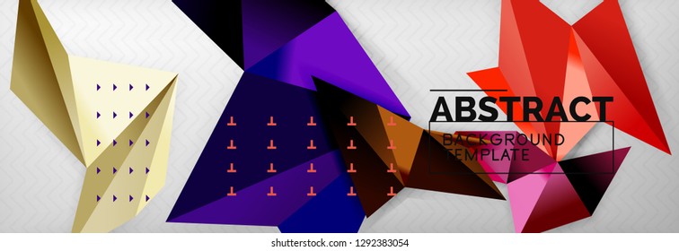 Abstract background, flying color geometric triangles composition on grey. Vector techno design wallpaper