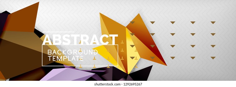 Abstract background, flying color geometric triangles composition on grey. Vector techno design wallpaper