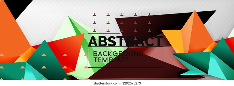 Abstract background, flying color geometric triangles composition on grey. Vector techno design wallpaper