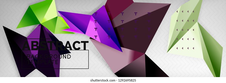 Abstract background, flying color geometric triangles composition on grey. Vector techno design wallpaper