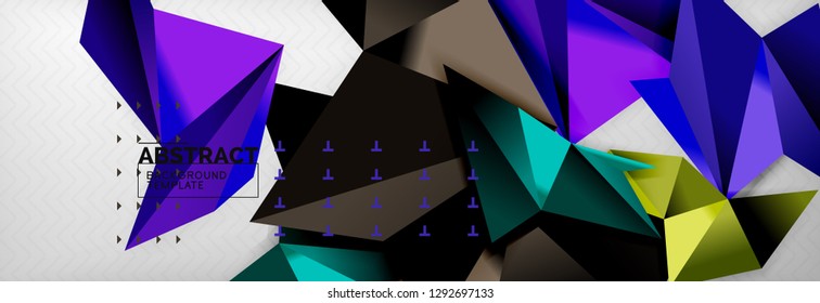 Fondo abstracto, composición de triángulos geométricos de color volante sobre gris. Papel de pantalla de diseño de tecnología vectorial