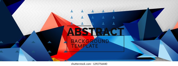 Abstract background, flying color geometric triangles composition on grey. Vector techno design wallpaper