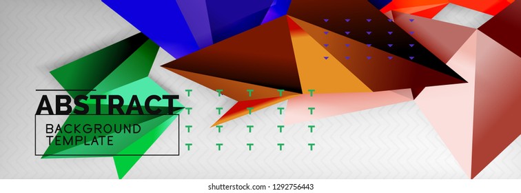 Abstract background, flying color geometric triangles composition on grey. Vector techno design wallpaper