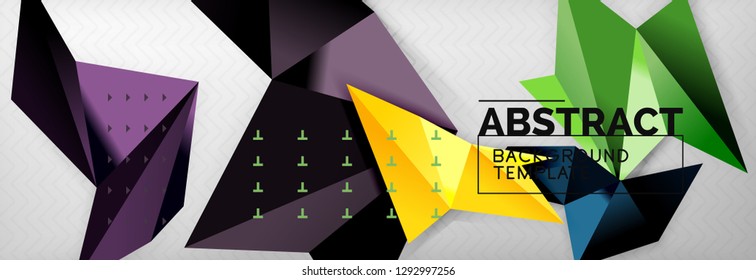 Abstract background, flying color geometric triangles composition on grey. Vector techno design wallpaper