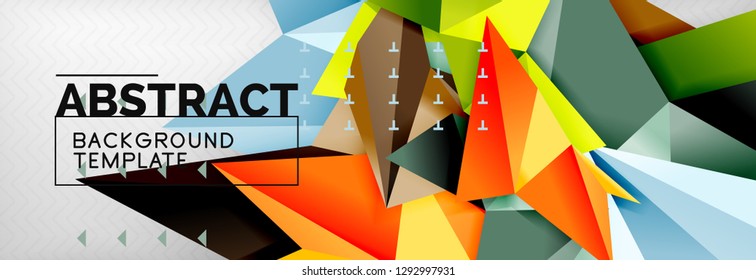 Fondo abstracto, composición de triángulos geométricos de color volante sobre gris. Papel de pantalla de diseño de tecnología vectorial