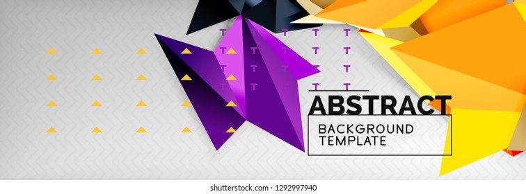 Abstract background, flying color geometric triangles composition on grey. Vector techno design wallpaper