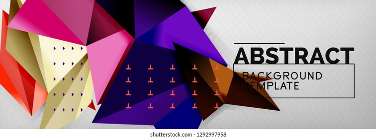 Abstract background, flying color geometric triangles composition on grey. Vector techno design wallpaper