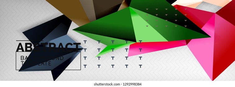 Abstract background, flying color geometric triangles composition on grey. Vector techno design wallpaper