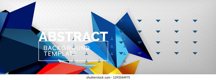 Abstract background, flying color geometric triangles composition on grey. Vector techno design wallpaper