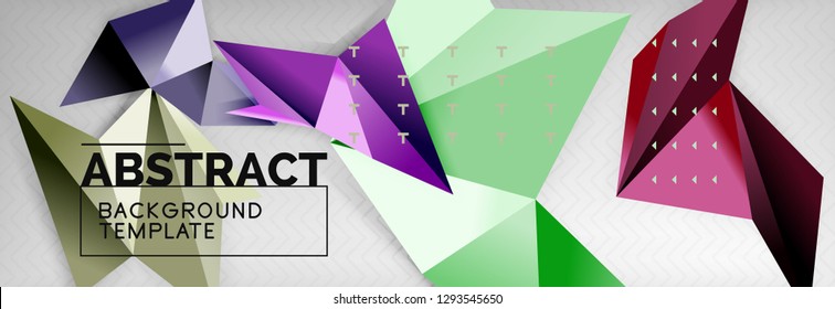 Fondo abstracto, composición de triángulos geométricos de color volante sobre gris. Papel de pantalla de diseño de tecnología vectorial