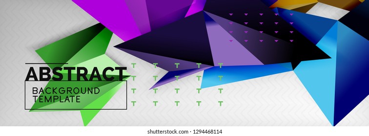 Abstract background, flying color geometric triangles composition on grey. Vector techno design wallpaper