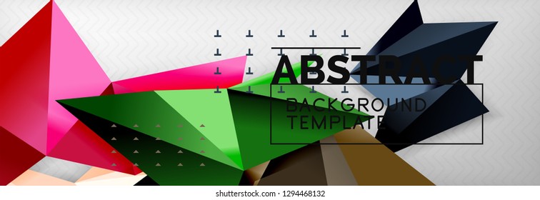 Abstract background, flying color geometric triangles composition on grey. Vector techno design wallpaper