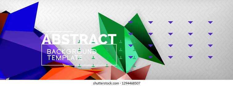 Abstract background, flying color geometric triangles composition on grey. Vector techno design wallpaper