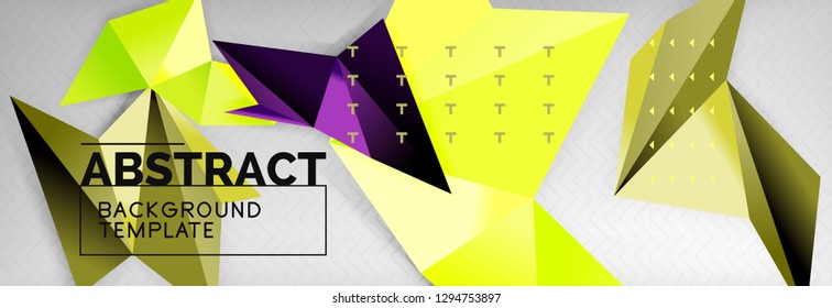 Fondo abstracto, composición de triángulos geométricos de color volante sobre gris. Papel de pantalla de diseño de tecnología vectorial