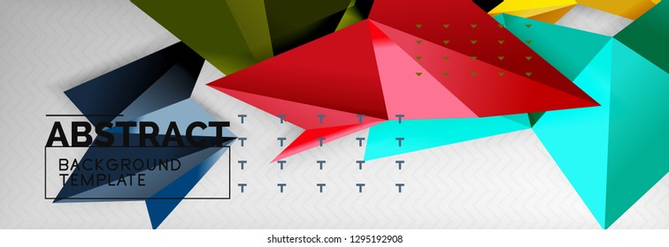 Fondo abstracto, composición de triángulos geométricos de color volante sobre gris. Papel de pantalla de diseño de tecnología vectorial