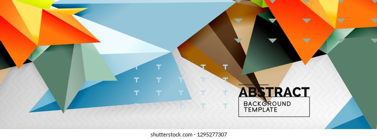 Abstract background, flying color geometric triangles composition on grey. Vector techno design wallpaper