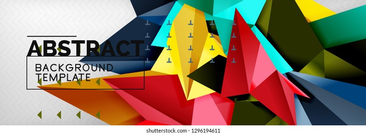 Fondo abstracto, composición de triángulos geométricos de color volante sobre gris. Papel de pantalla de diseño de tecnología vectorial