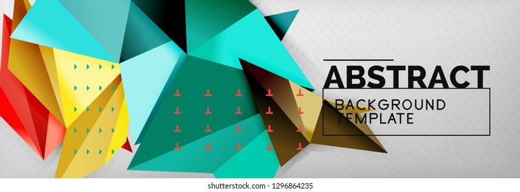 Abstract background, flying color geometric triangles composition on grey. Vector techno design wallpaper