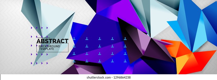 Abstract background, flying color geometric triangles composition on grey. Vector techno design wallpaper