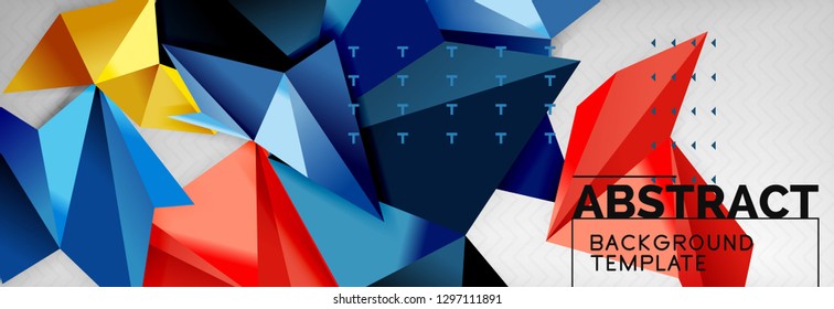 Abstract background, flying color geometric triangles composition on grey. Vector techno design wallpaper
