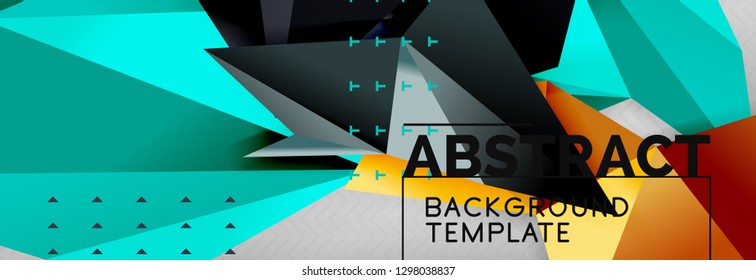 Abstract background, flying color geometric triangles composition on grey. Vector techno design wallpaper