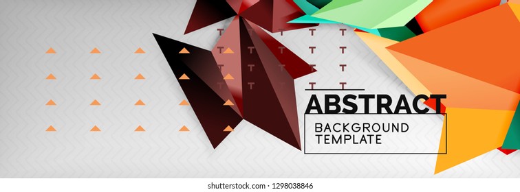 Abstract background, flying color geometric triangles composition on grey. Vector techno design wallpaper