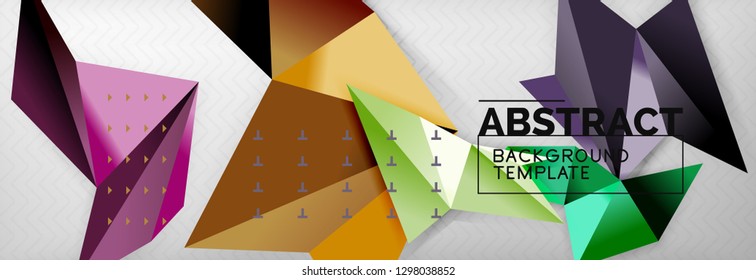 Fondo abstracto, composición de triángulos geométricos de color volante sobre gris. Papel de pantalla de diseño de tecnología vectorial