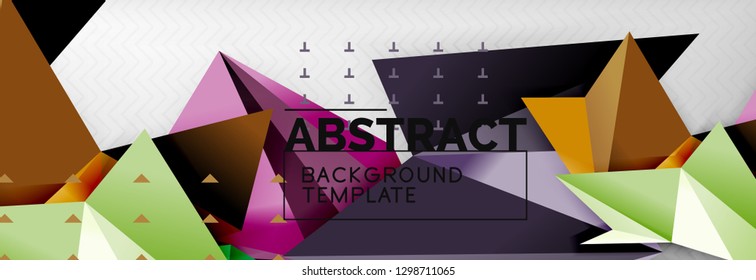 Abstract background, flying color geometric triangles composition on grey. Vector techno design wallpaper