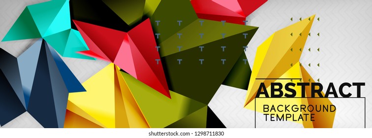 Abstract background, flying color geometric triangles composition on grey. Vector techno design wallpaper