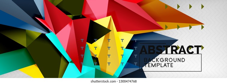 Abstract background, flying color geometric triangles composition on grey. Vector techno design wallpaper