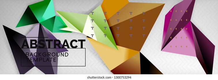 Abstract background, flying color geometric triangles composition on grey. Vector techno design wallpaper