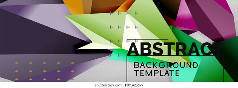 Abstract background, flying color geometric triangles composition on grey. Vector techno design wallpaper
