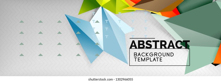 Abstract background, flying color geometric triangles composition on grey. Vector techno design wallpaper
