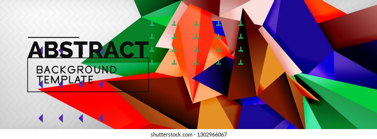 Abstract background, flying color geometric triangles composition on grey. Vector techno design wallpaper