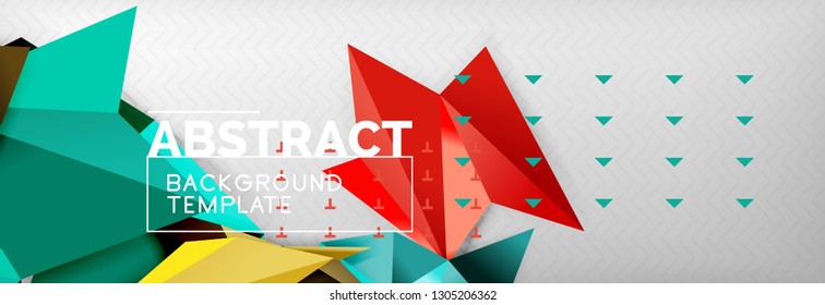 Abstract background, flying color geometric triangles composition on grey. Vector techno design wallpaper