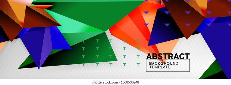 Abstract background, flying color geometric triangles composition on grey. Vector techno design wallpaper
