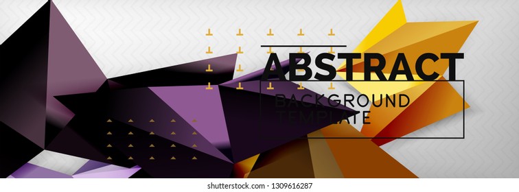 Fondo abstracto, composición de triángulos geométricos de color volante sobre gris. Papel de pantalla de diseño de tecnología vectorial