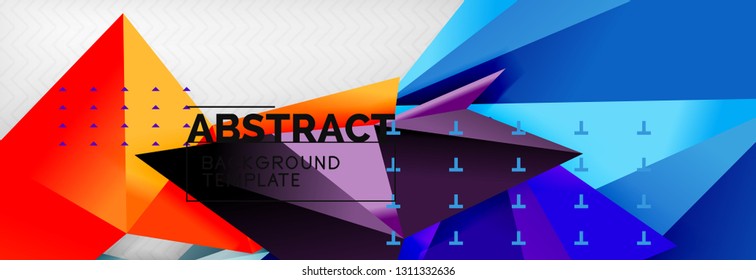Fondo abstracto, composición de triángulos geométricos de color volante sobre gris. Papel de pantalla de diseño de tecnología vectorial