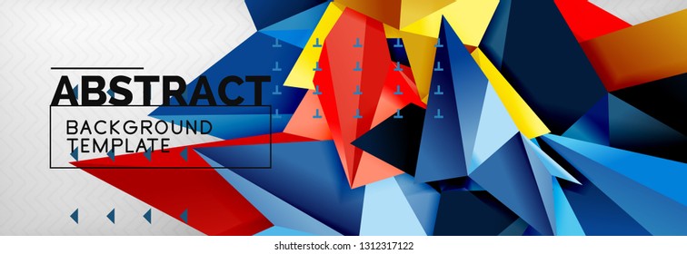 Abstract background, flying color geometric triangles composition on grey. Vector techno design wallpaper