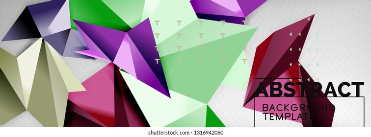 Abstract background, flying color geometric triangles composition on grey. Vector techno design wallpaper