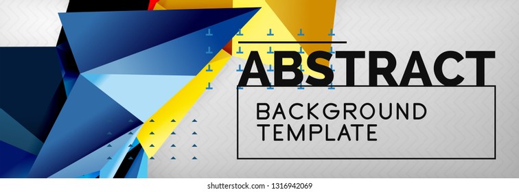 Abstract background, flying color geometric triangles composition on grey. Vector techno design wallpaper